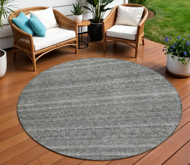 8' Pewter And Gray Round Striped Washable Indoor Outdoor Area Rug