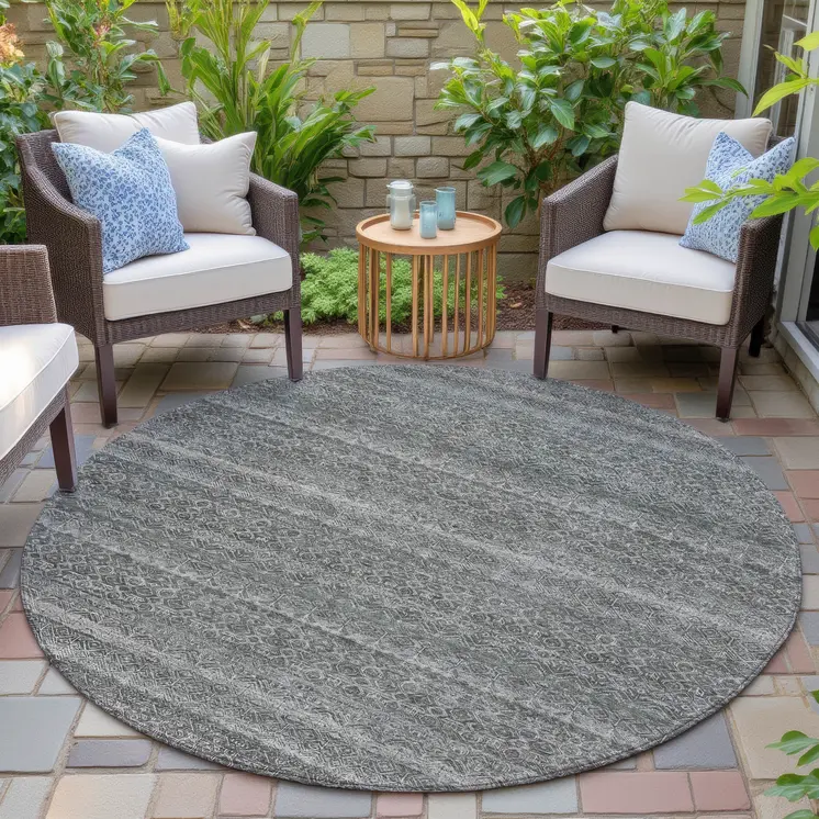 8' Pewter And Gray Round Striped Washable Indoor Outdoor Area Rug