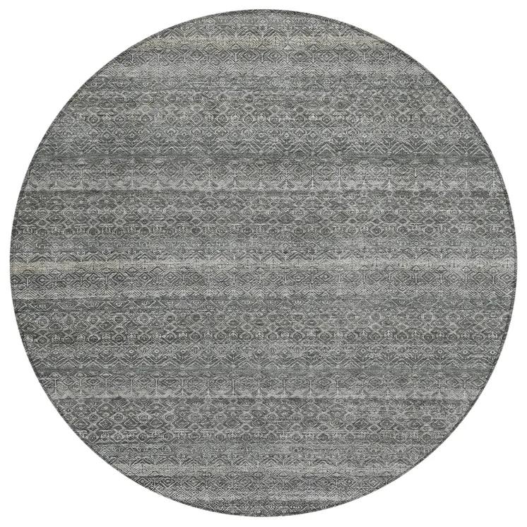 8' Pewter And Gray Round Striped Washable Indoor Outdoor Area Rug