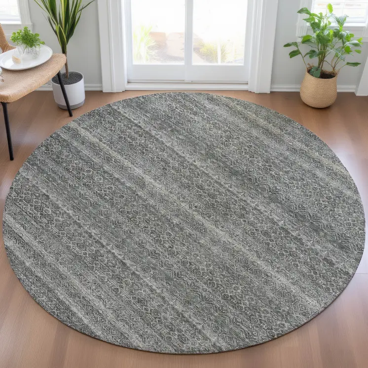 8' Pewter And Gray Round Striped Washable Indoor Outdoor Area Rug