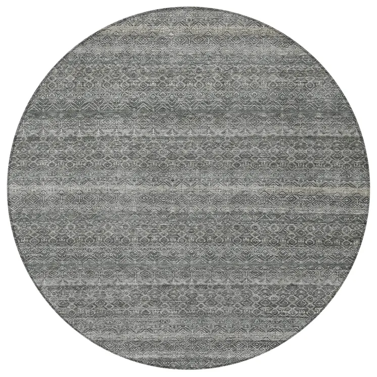 8' Pewter And Gray Round Striped Washable Indoor Outdoor Area Rug