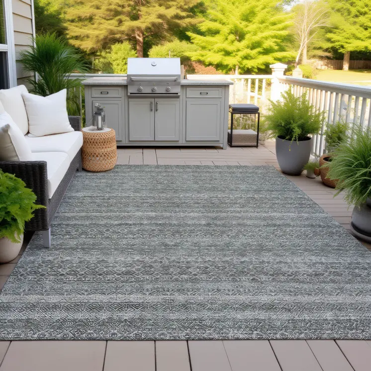 8' X 10' Pewter And Gray Striped Washable Indoor Outdoor Area Rug