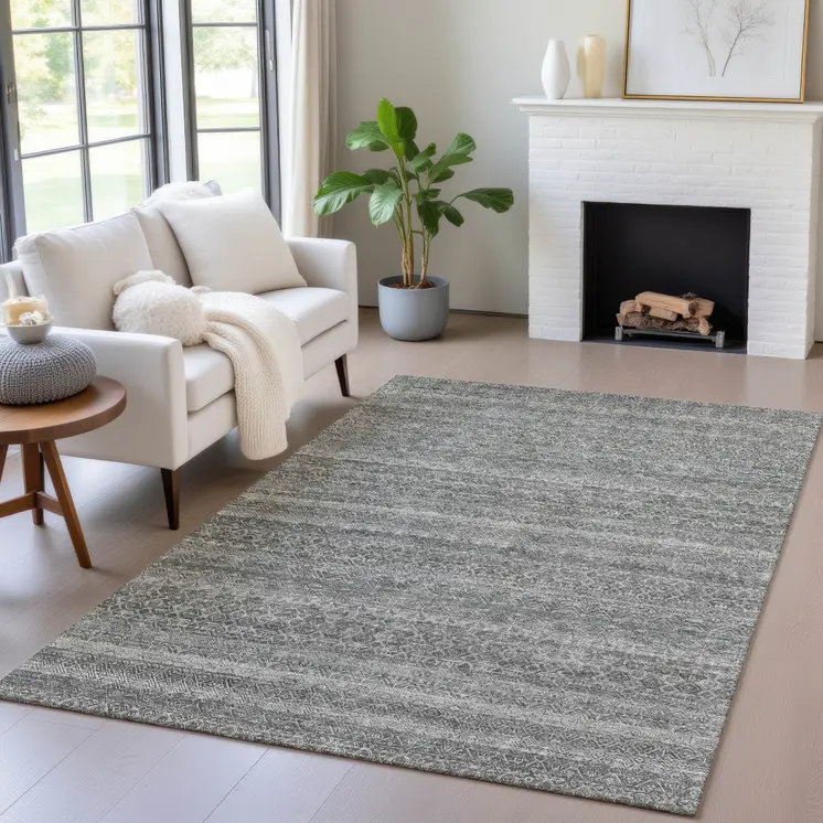 8' X 10' Pewter And Gray Striped Washable Indoor Outdoor Area Rug