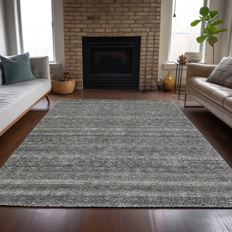 8' X 10' Pewter And Gray Striped Washable Indoor Outdoor Area Rug