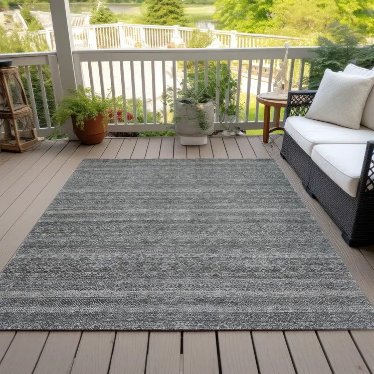 8' X 10' Pewter And Gray Striped Washable Indoor Outdoor Area Rug