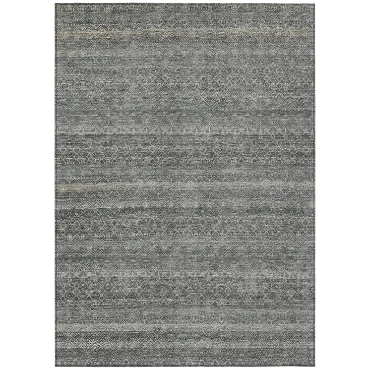9' X 12' Pewter And Gray Striped Washable Indoor Outdoor Area Rug