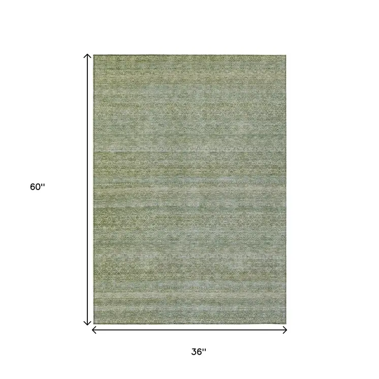 3' X 5' Sage And Ivory Striped Washable Indoor Outdoor Area Rug