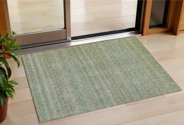 3' X 5' Sage And Ivory Striped Washable Indoor Outdoor Area Rug