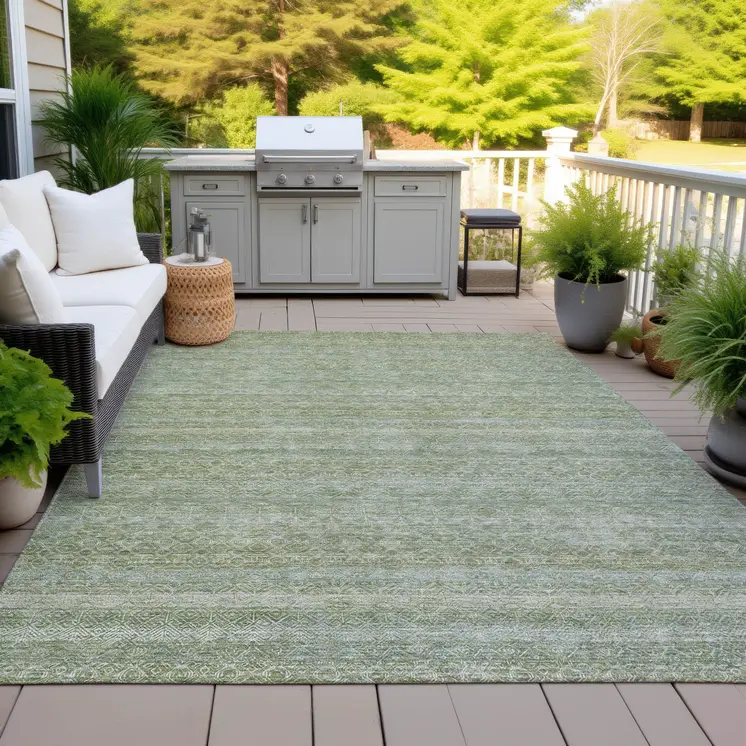 5' X 8' Sage And Ivory Striped Washable Indoor Outdoor Area Rug