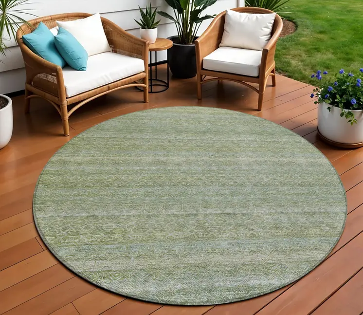 8' Sage And Ivory Round Striped Washable Indoor Outdoor Area Rug