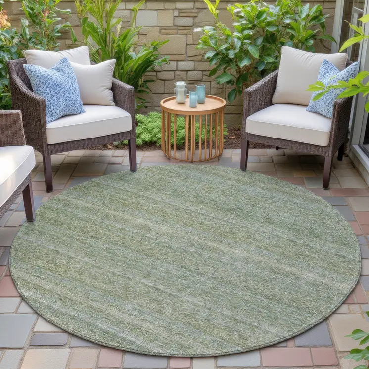 8' Sage And Ivory Round Striped Washable Indoor Outdoor Area Rug