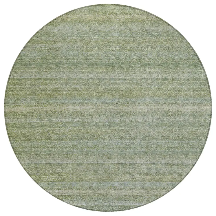8' Sage And Ivory Round Striped Washable Indoor Outdoor Area Rug