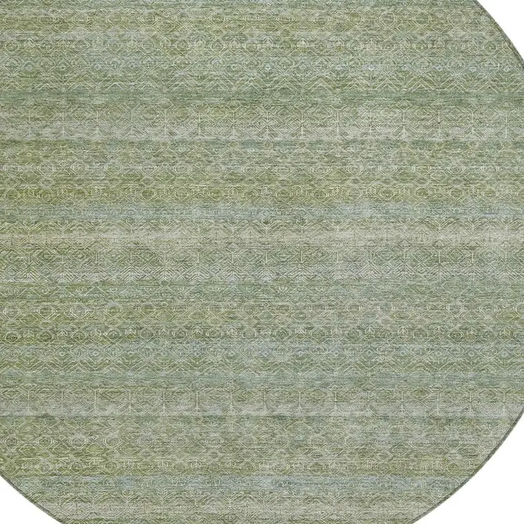 8' Sage And Ivory Round Striped Washable Indoor Outdoor Area Rug