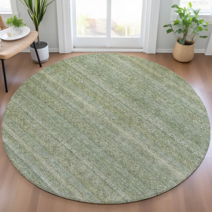 8' Sage And Ivory Round Striped Washable Indoor Outdoor Area Rug