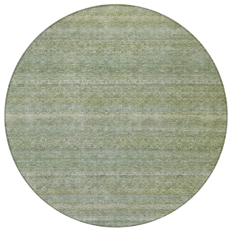 8' Sage And Ivory Round Striped Washable Indoor Outdoor Area Rug