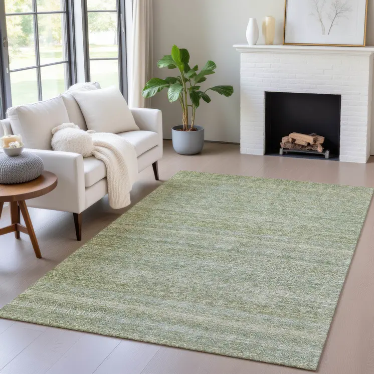 8' X 10' Sage And Ivory Striped Washable Indoor Outdoor Area Rug