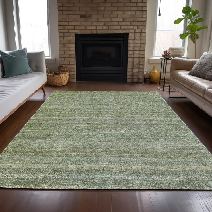 9' X 12' Sage And Ivory Striped Washable Indoor Outdoor Area Rug