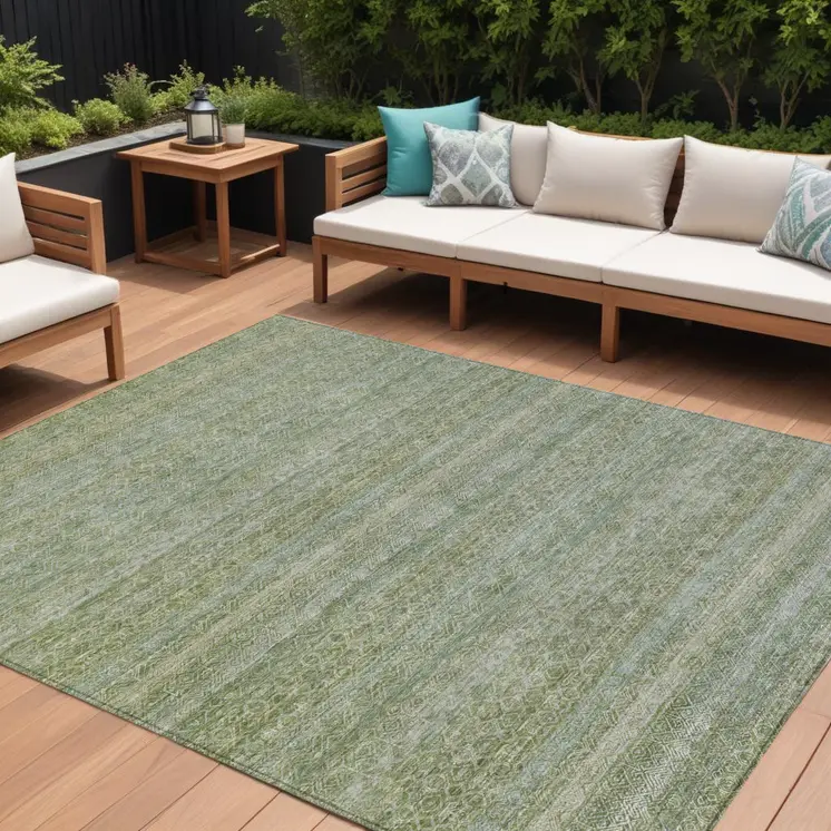 10' X 14' Sage And Ivory Striped Washable Indoor Outdoor Area Rug