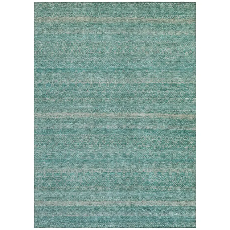 3' X 5' Teal Blue And Beige Striped Washable Indoor Outdoor Area Rug
