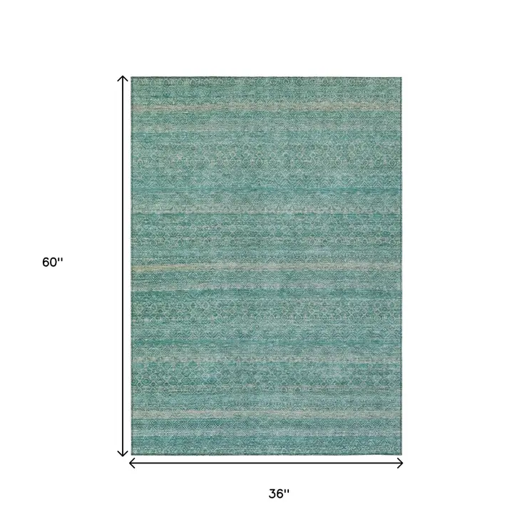 3' X 5' Teal Blue And Beige Striped Washable Indoor Outdoor Area Rug