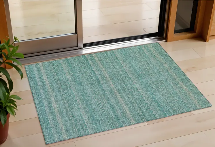 3' X 5' Teal Blue And Beige Striped Washable Indoor Outdoor Area Rug