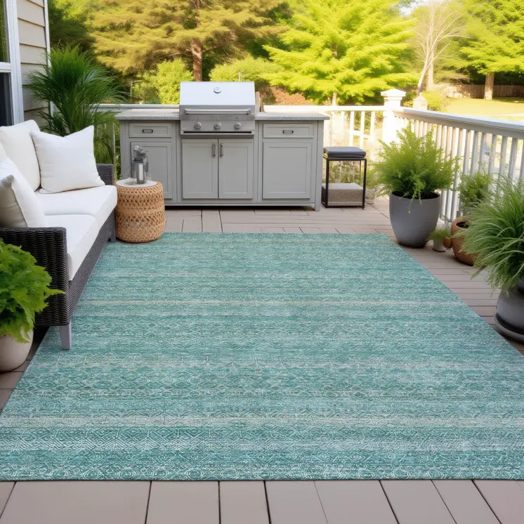 3' X 5' Teal Blue And Beige Striped Washable Indoor Outdoor Area Rug