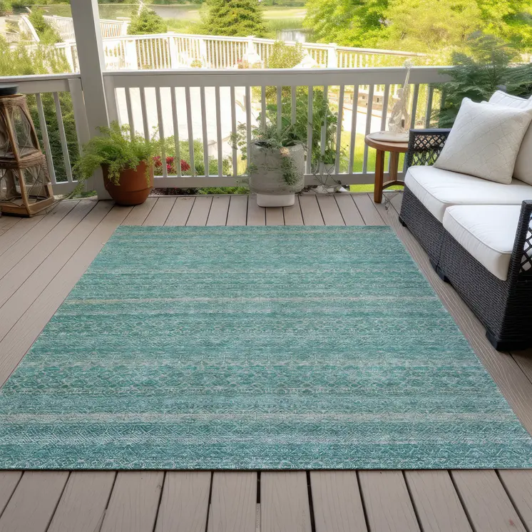 3' X 5' Teal Blue And Beige Striped Washable Indoor Outdoor Area Rug