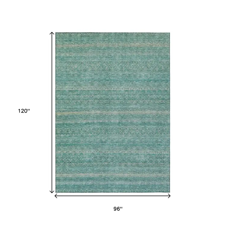 8' X 10' Teal Blue And Beige Striped Washable Indoor Outdoor Area Rug