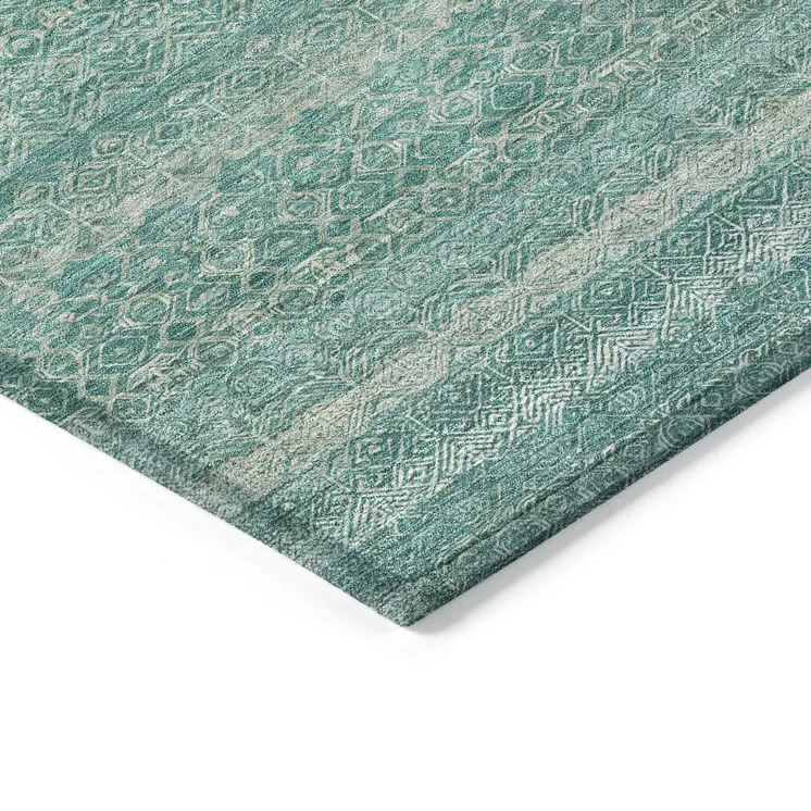 8' X 10' Teal Blue And Beige Striped Washable Indoor Outdoor Area Rug