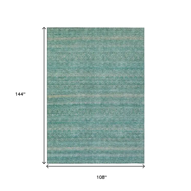 9' X 12' Teal Blue And Beige Striped Washable Indoor Outdoor Area Rug