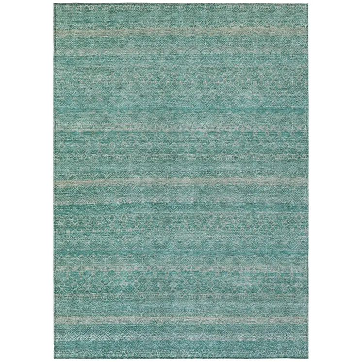 9' X 12' Teal Blue And Beige Striped Washable Indoor Outdoor Area Rug