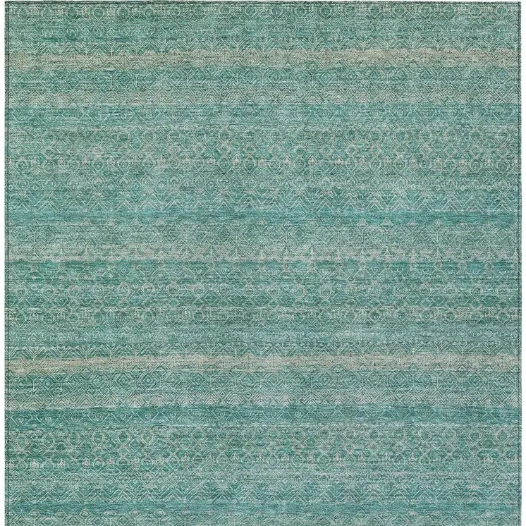 9' X 12' Teal Blue And Beige Striped Washable Indoor Outdoor Area Rug
