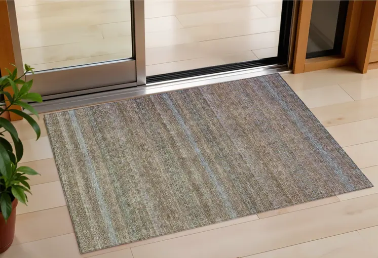 3' X 5' Brown And Denim Blue Striped Washable Indoor Outdoor Area Rug