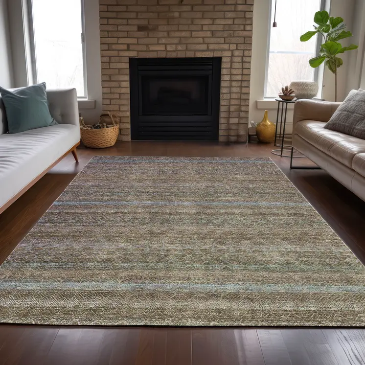 5' X 8' Brown And Denim Blue Striped Washable Indoor Outdoor Area Rug