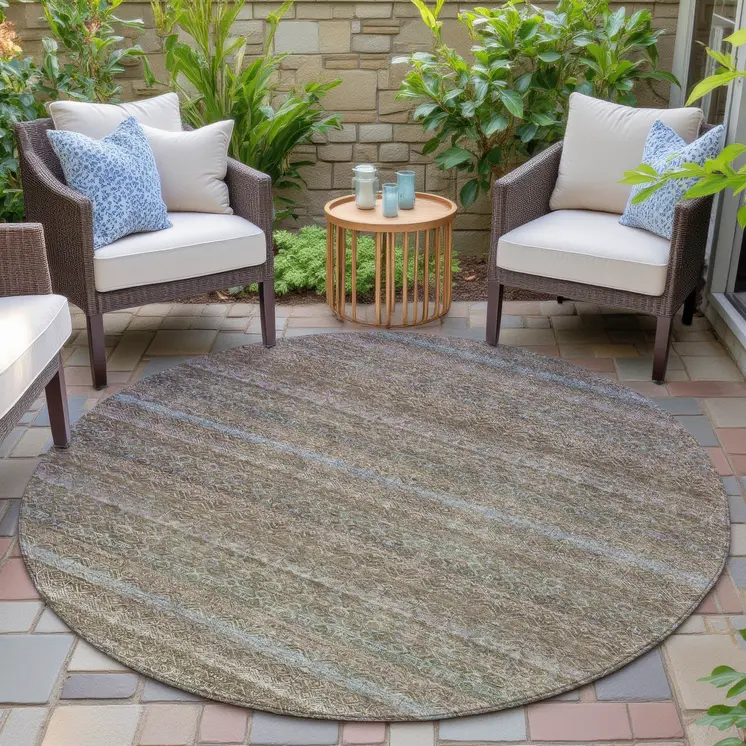8' Brown And Denim Blue Round Striped Washable Indoor Outdoor Area Rug
