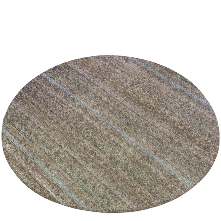 8' Brown And Denim Blue Round Striped Washable Indoor Outdoor Area Rug