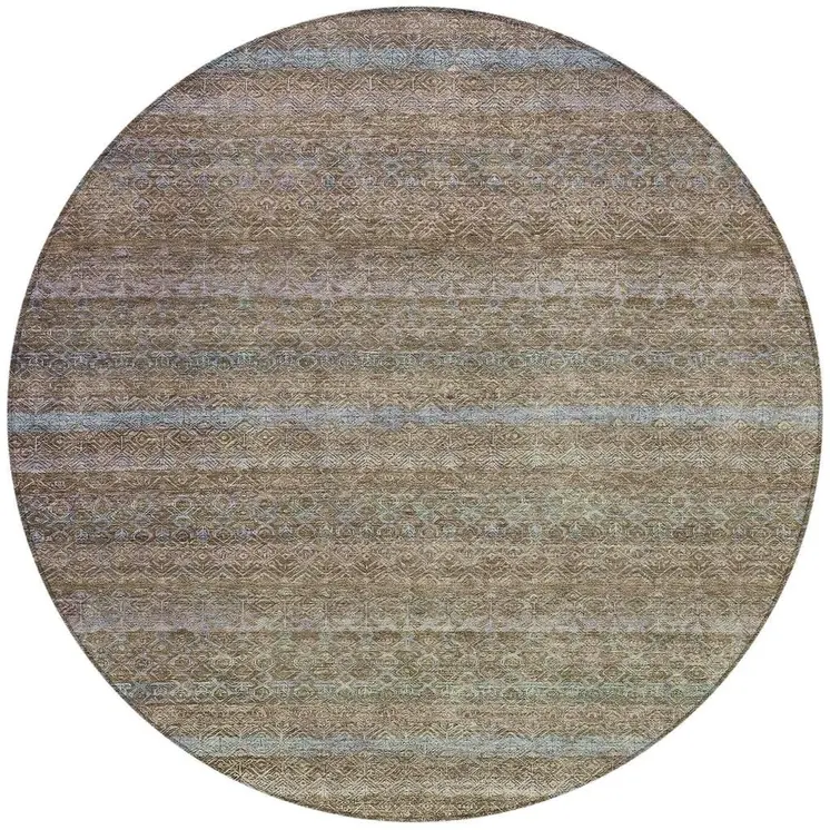 8' Brown And Denim Blue Round Striped Washable Indoor Outdoor Area Rug