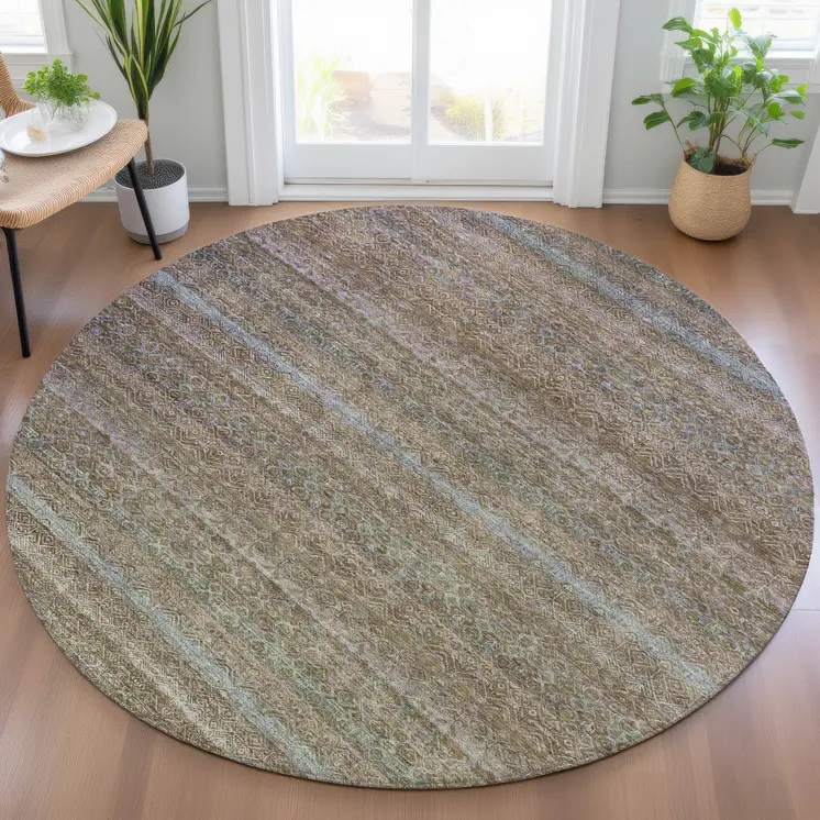 8' Brown And Denim Blue Round Striped Washable Indoor Outdoor Area Rug