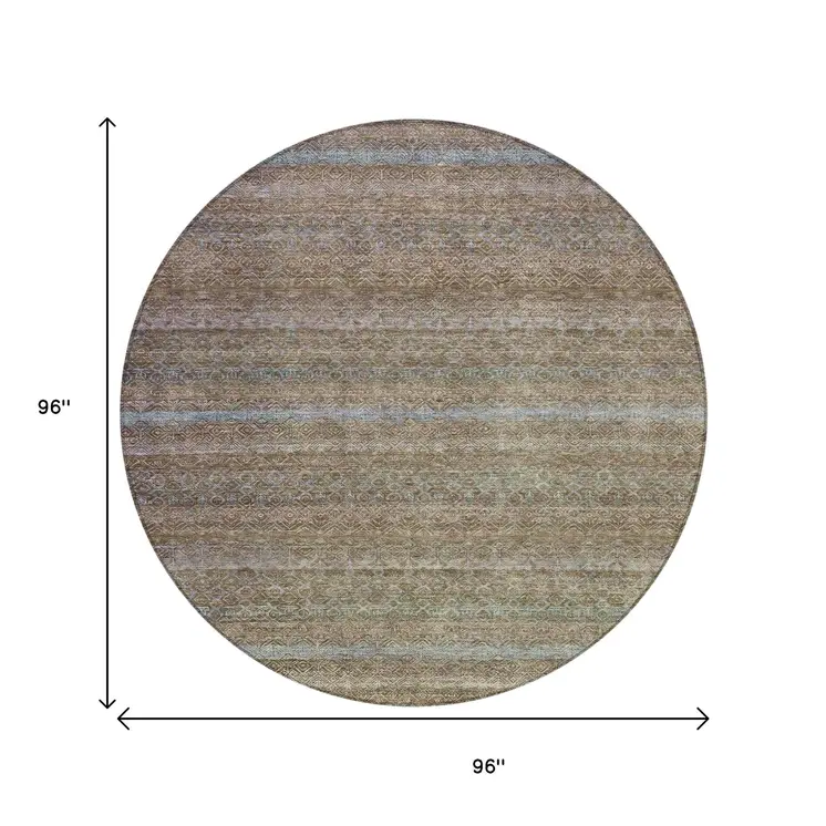 8' Brown And Denim Blue Round Striped Washable Indoor Outdoor Area Rug