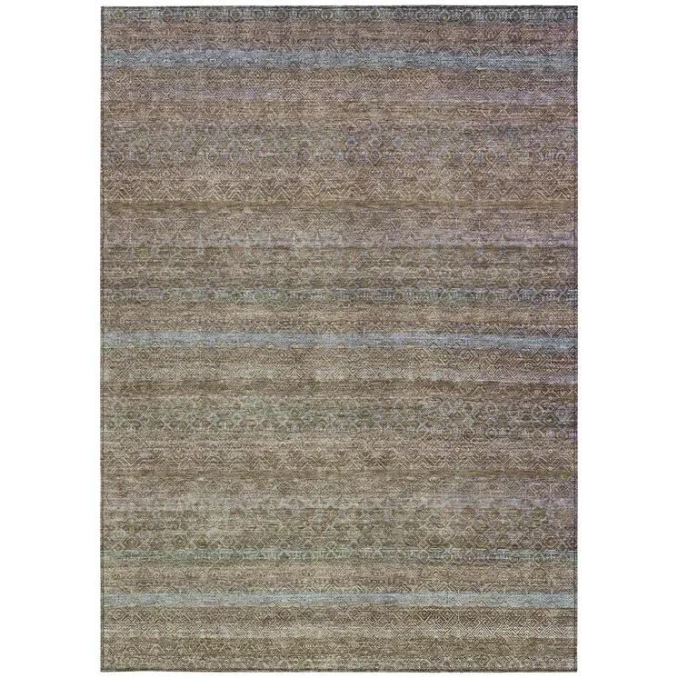 8' X 10' Brown And Denim Blue Striped Washable Indoor Outdoor Area Rug