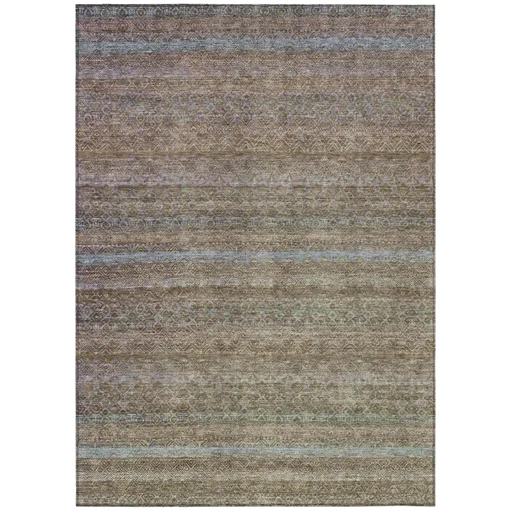 8' X 10' Brown And Denim Blue Striped Washable Indoor Outdoor Area Rug