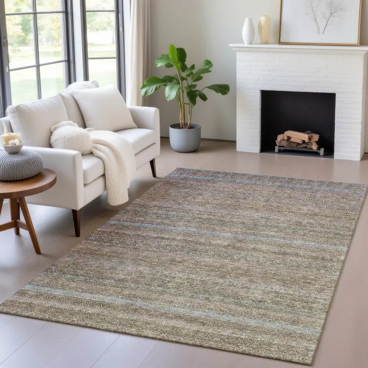 8' X 10' Brown And Denim Blue Striped Washable Indoor Outdoor Area Rug