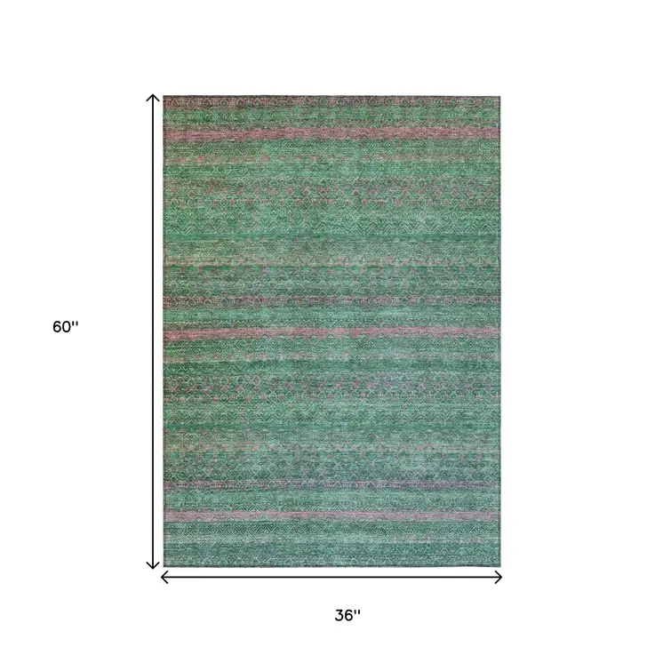 3' X 5' Green And Blush Striped Washable Indoor Outdoor Area Rug