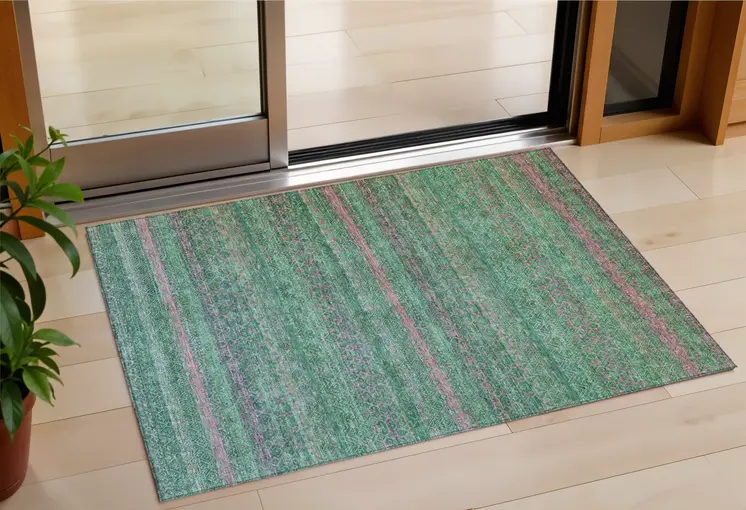 3' X 5' Green And Blush Striped Washable Indoor Outdoor Area Rug