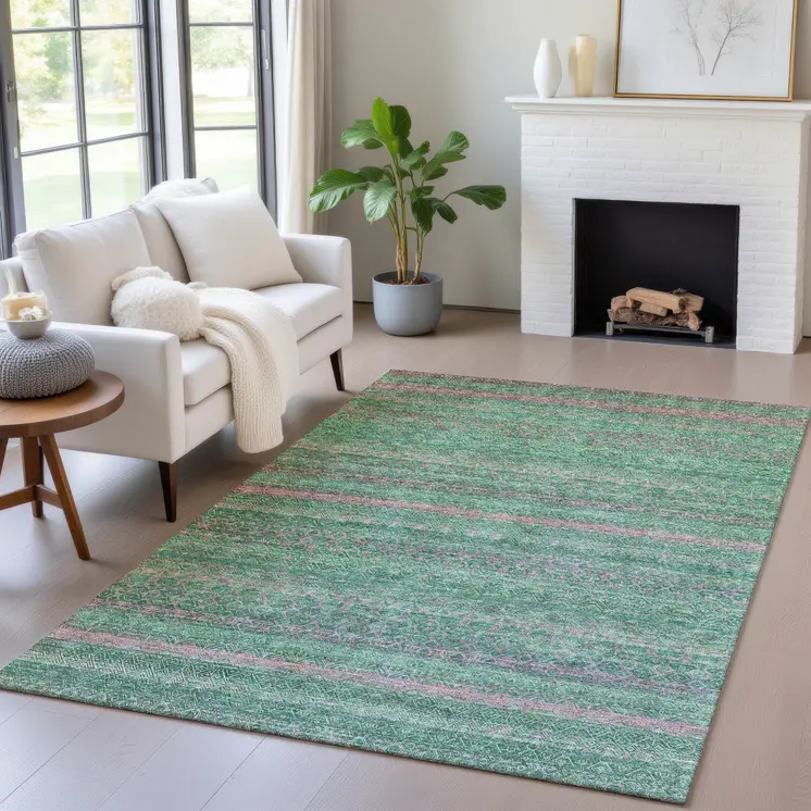 3' X 5' Green And Blush Striped Washable Indoor Outdoor Area Rug