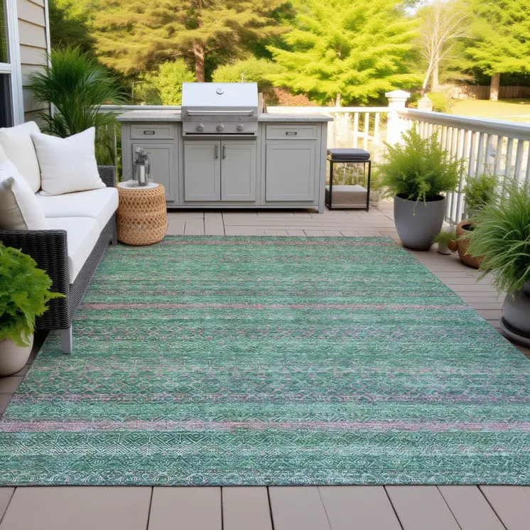 5' X 8' Green And Blush Striped Washable Indoor Outdoor Area Rug