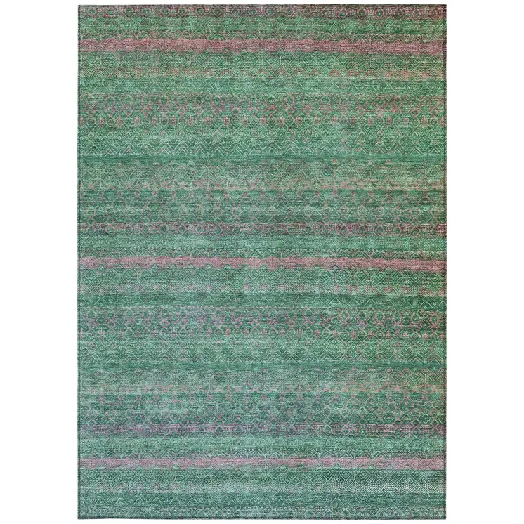 5' X 8' Green And Blush Striped Washable Indoor Outdoor Area Rug