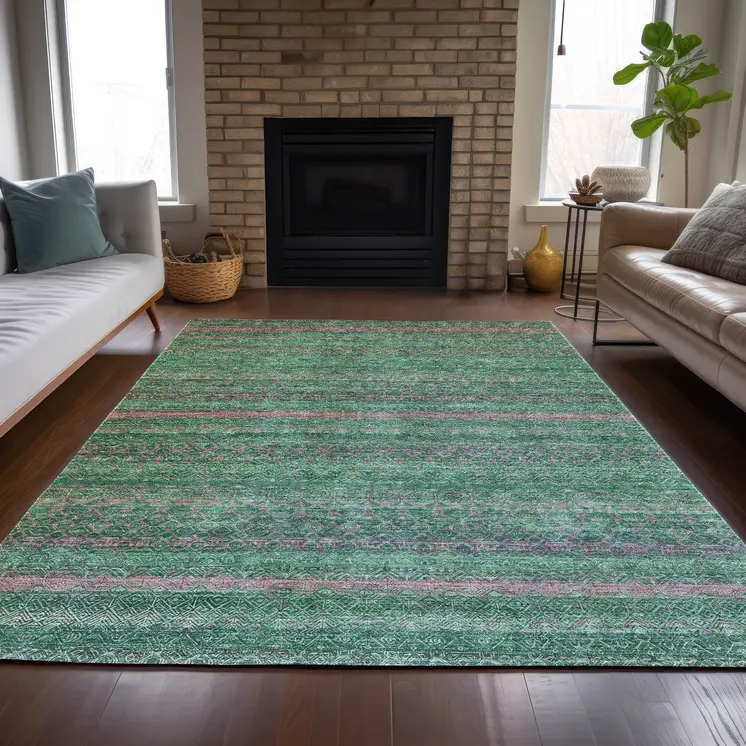 5' X 8' Green And Blush Striped Washable Indoor Outdoor Area Rug