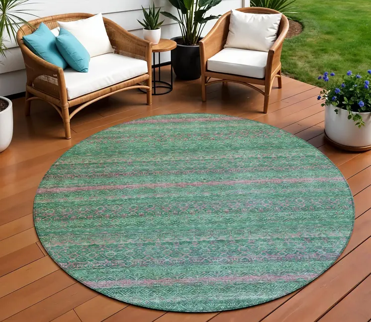 8' Green And Blush Round Striped Washable Indoor Outdoor Area Rug