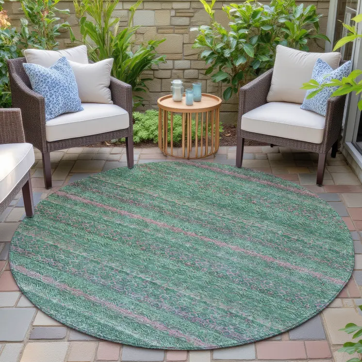 8' Green And Blush Round Striped Washable Indoor Outdoor Area Rug